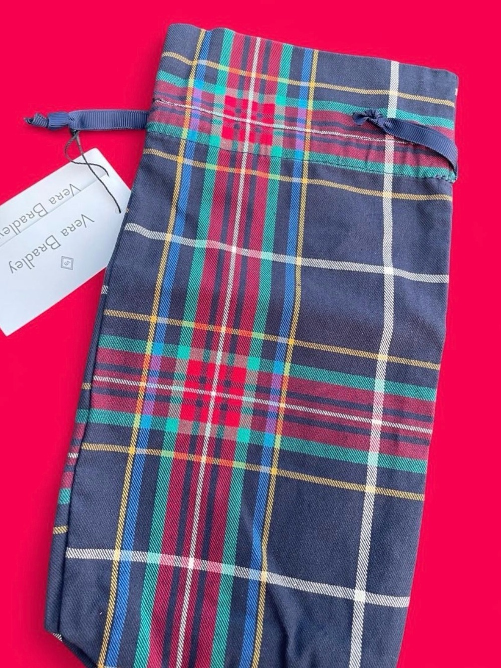 Vera Bradley fabric Wine drawstring gift bag  Navy Plaid